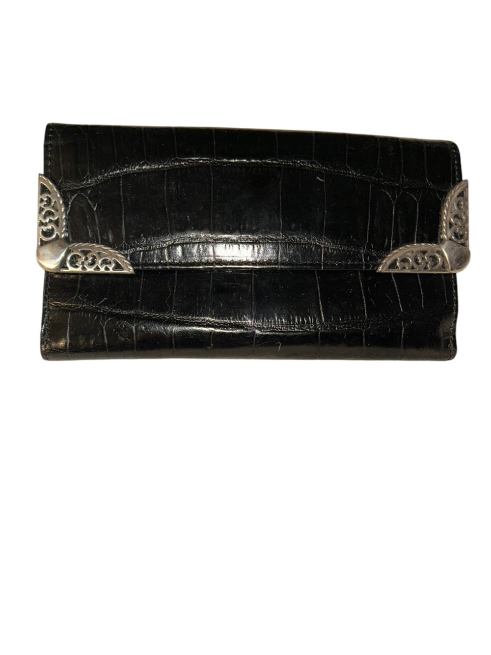 Brighton Black Croc-Embossed Wallet with Silver Corner Accents